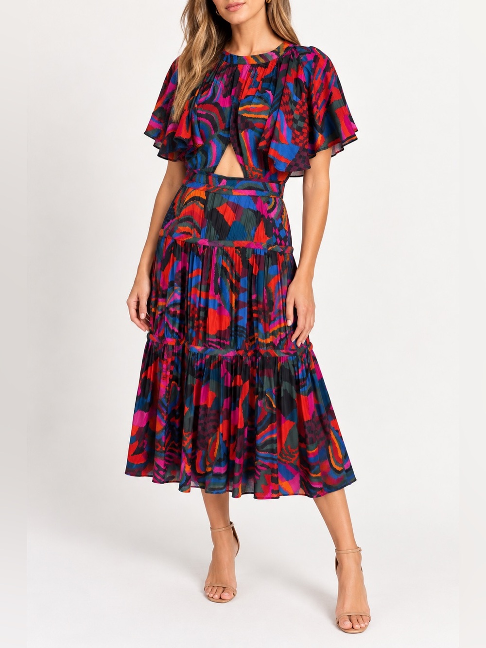 Farm Rio Multicolor Abstract Print Cutout Tiered Midi Dress